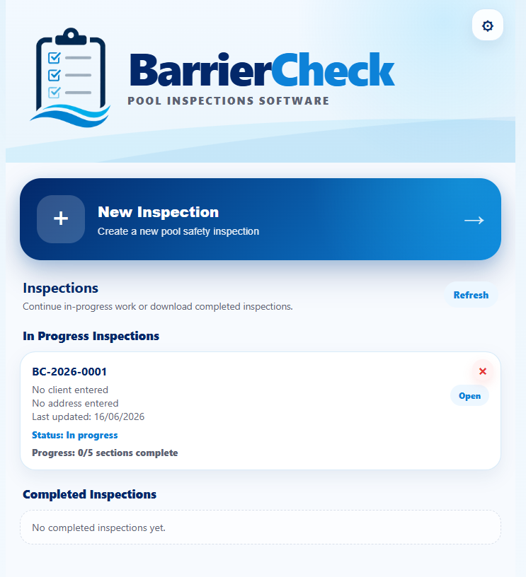 BarrierCheck inspection software home screen showing pool inspection workflow and reporting tools.